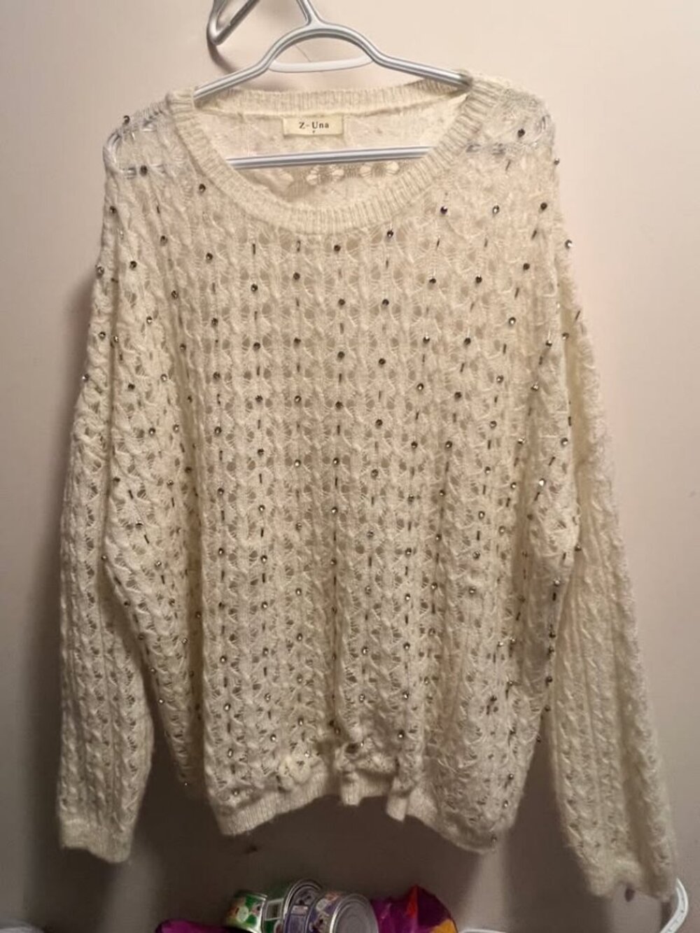 Z-Una Women's Sweater Free Size Cream Sheer Open Knit Rhinestone Beaded Oversize